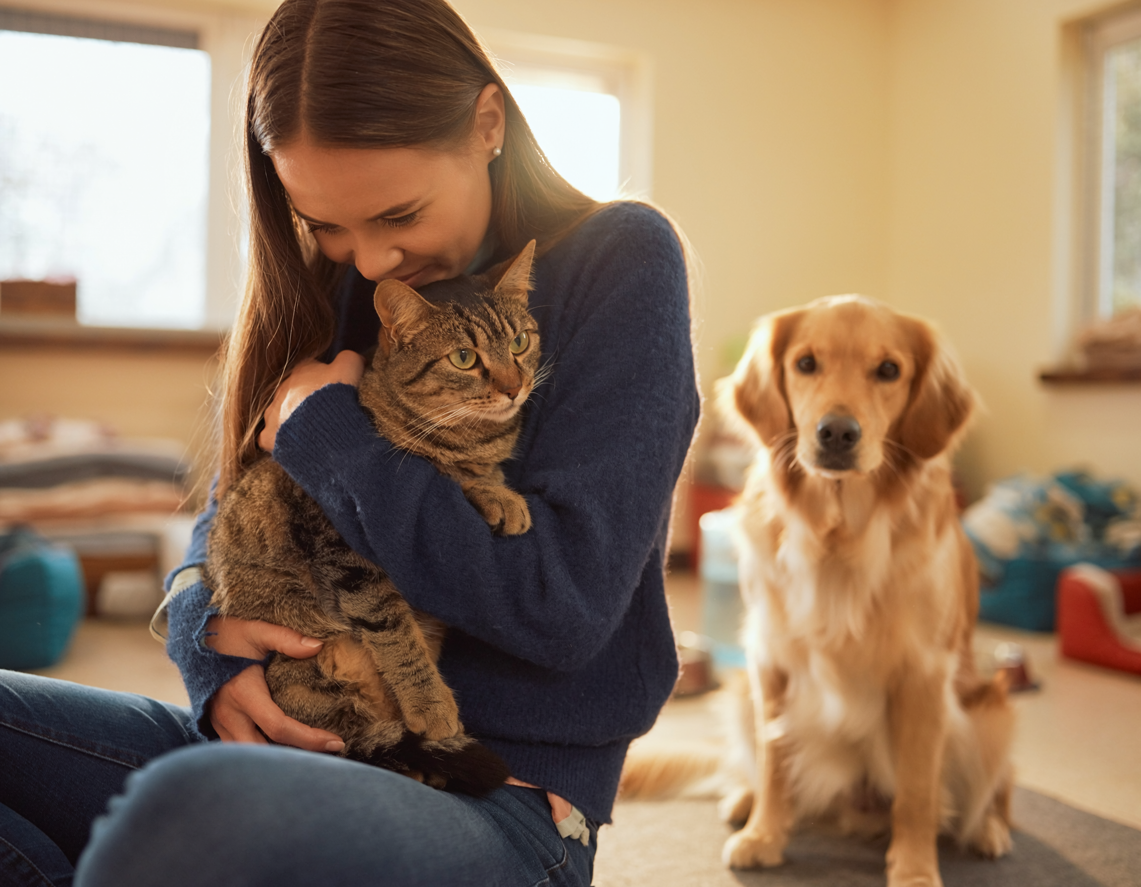A rescue caregiver holding a cat with a dog nearby